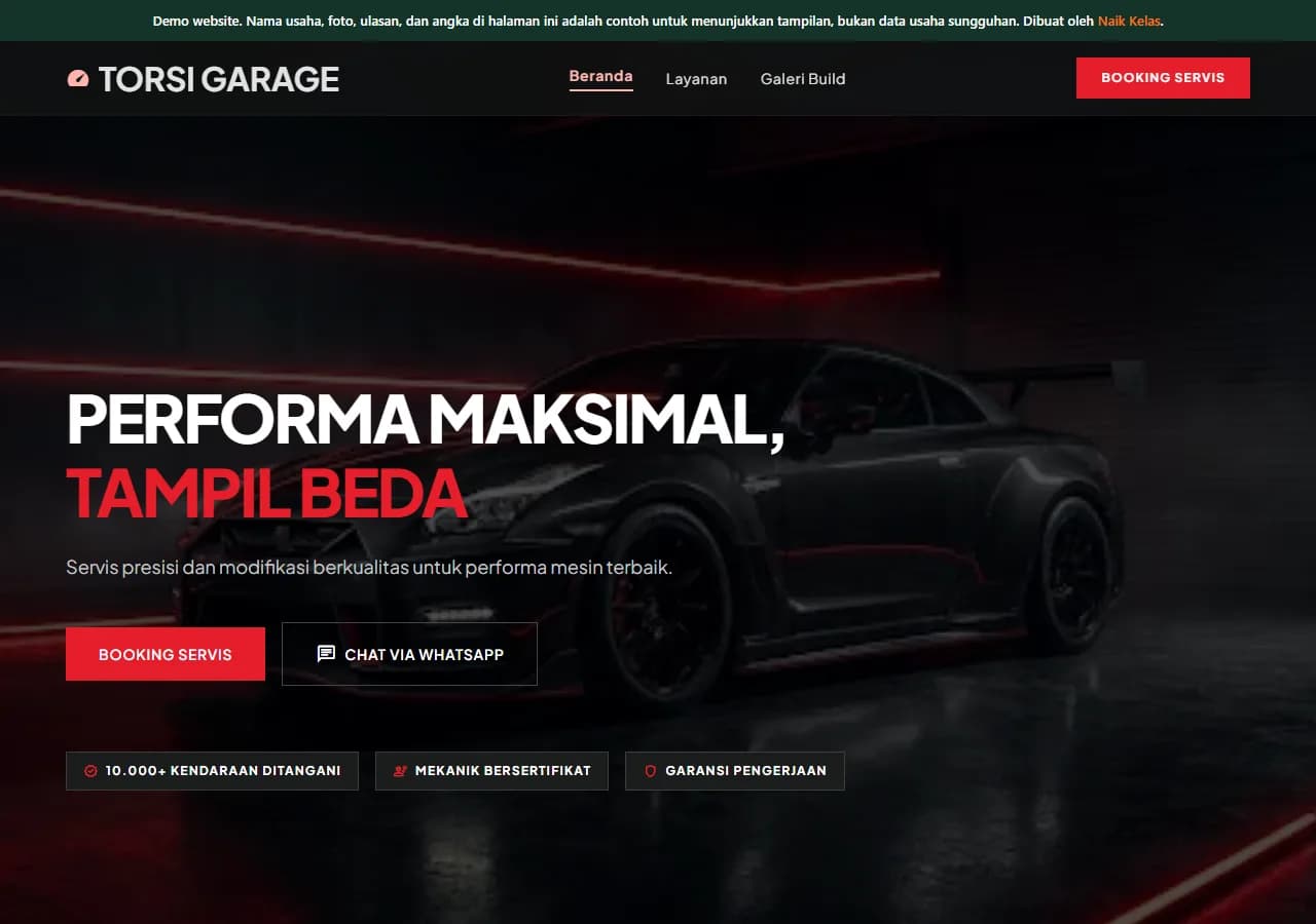Tampilan mobile demo website Torsi Garage
