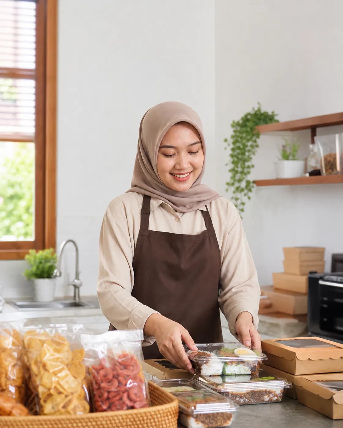 Pemilik usaha katering menata nasi box dan snack di dapur rumahan