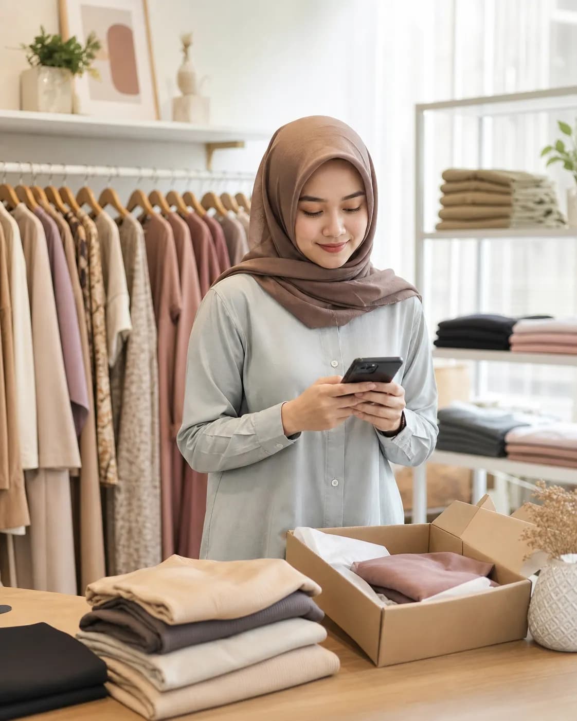 Pemilik toko fashion memeriksa pesanan produk lewat smartphone