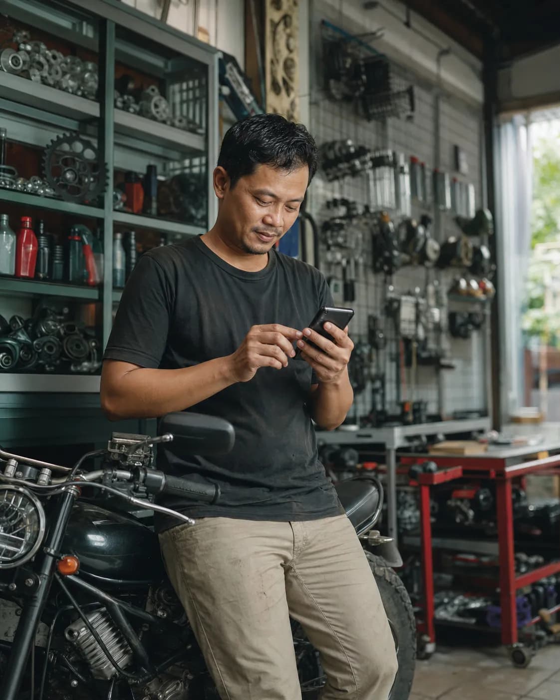 Pemilik bengkel motor memeriksa katalog produk lewat smartphone