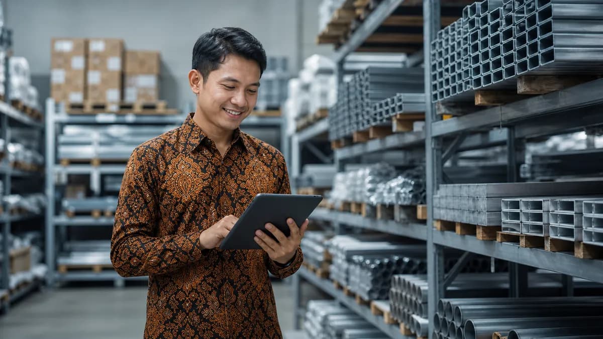 Pemilik usaha supplier memeriksa katalog digital di gudang