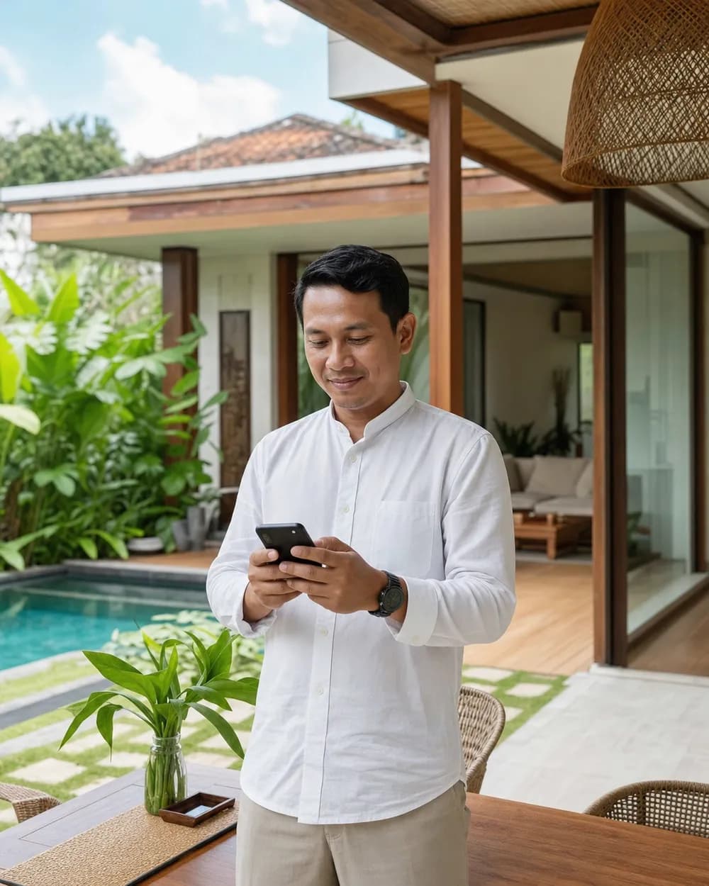 Pengelola villa memeriksa permintaan pemesanan lewat smartphone