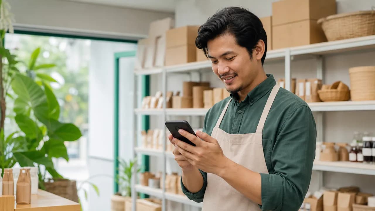Pemilik usaha kecil memeriksa pesanan yang masuk lewat smartphone di tokonya